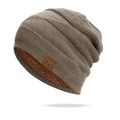 Berretto invernale in maglia marrone con fodera in pile e toppa in pelle F&S - Cachi