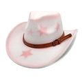 Detail of cream felt hat with pink star spray paint and brown leather belt buckle strap - M(56-58cm) / White