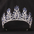 Detailed view of silver bridal crown with sparkling clear rhinestones and deep blue gemstones - Thick Silver White & Dark Blue Rhinestone