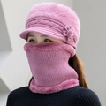 Winter knitted hat and scarf set for women with faux fur lining and knit floral accent - Hat + Neck Warmer / Deep Pink