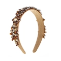 Baroque style wide headband with amber floral crystals on khaki satin fabric base - Coffee
