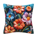 Makroaufnahme der 3D-Blumenstickerei Kissenhülle mit bunten Blüten und Stofftextur - Blau und Orange Blumen (26) / 45x45 cm