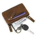 Brown vintage leather coin purse with double zippers and functional keychain hook - 9202-Crazy Horse Brown 3-Zipper