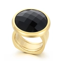 Exaggerated golden stainless steel ring featuring a large faceted black round gemstone - US 6 / Golden Black Onyx Style (KR107531-K)
