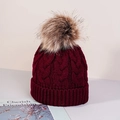 Winter cable knit beanie for kids in dark red with a fluffy faux fur pom-pom topper - One Size / Burgundy
