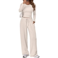 Dettaglio del set da casa bianco crema con pantaloni a gamba larga e coulisse in vita - S / Albicocca