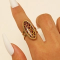 Golden double-layer open ring featuring an oval leopard print surface on model hand - Oval Double Layer Ring Style (A-431) / Gold/Leopard