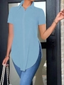 Detail of short sleeve light blue polo shirt featuring side slits and a longline fit - Light Blue