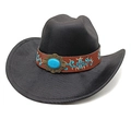 Detail of black western cowboy hat with leather band and turquoise gemstone accent - M (56-58cm) / Striped Black