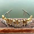 Silver crown headband with golden crystals, crescent moon and stag motifs for weddings - Gold