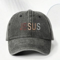 Dark gray washed denim baseball cap featuring JESUS print with religious quote on white background - Black