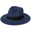 Detailed view of navy blue straw sun hat showing fine woven texture and black ribbon - M / Navy Blue
