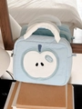 Borsa da trucco trapuntata celeste con ricamo a mela e manico morbido per il viaggio - Blu