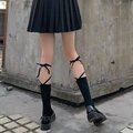 Calze nere stile Lolita al polpaccio con nastri incrociati e dettaglio fiocco - Stile con Lacci Fiocco e Nastro / Nero