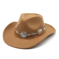 Detail of a brown wool cowboy hat with an ornate silver metal band and sun flower patterns - Khaki