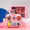 Pink silicone children handbag with cute cartoon pins and matching gift box - Pink
