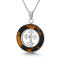 Silver necklace featuring amber pattern round pendant with cross and crystal center - Steel Color Hollow Cross (KP81106-KC)