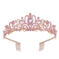 Golden bridal tiara with pink crystals and purple teardrop gem for wedding hair decor - Gold Base Purple Rhinestone