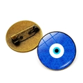 Blue Evil Eye amulet brooches with round glass front and bronze metal pin backings - Bronze-6