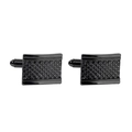 Macro detail of men's square black cufflinks with engraved grid texture and polished metal - Black Mesh Pattern