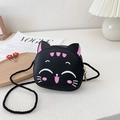 Lindo bolso bandolera de gato negro en cuero PU para niñas con correa de cuerda suave - Negro