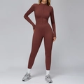 Deep brown thermal yoga jumpsuit with high collar and front zipper for outdoor sports - S / Brick Red
