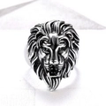 Men's retro lion head ring in silver finish with detailed punk style engravings - US 7 / Oxidized Silver Color (06404)