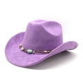 Detail of purple faux suede cowboy hat with turquoise beads and shell ethnic band - Taro Purple