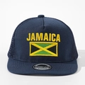 Detail showing Jamaica embroidery and mesh back on a dark blue snapback truck cap - Navy Blue