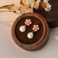 S999 silver cherry blossom earrings with pearl pendant in a wooden jewelry box - S999 Fine Silver / 18K Gold Color (E4900)