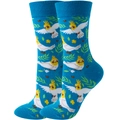 Detailed knit pattern of blue crew socks featuring cockatiel parrots and leaf motifs - Blue Parrot