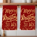 Set of two red Merry Christmas kitchen towels with golden star patterns and text - Gold Merry Christmas Text Red (2pcs)