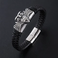 Pulsera trenzada de cuero negro para hombre con motivo de búho plateado y cierre imán - Color Acero
