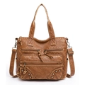 Vintage brown washed PU leather motorcycle bag with rivets and woven zipper pulls - Brown Style 3