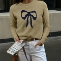 Women's camel short-sleeve knit sweater featuring a prominent navy blue bow design - S / Khaki