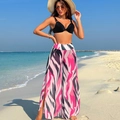 Three-piece bikini set with black halter top and pink abstract print wide-leg pants - Black & Pink Striped Set