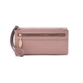 Close-up of litchi grain leather texture and gold leaf-shaped zipper on pink wallet - Leaf Pull Style / Pink