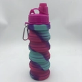Collapsible silicone water bottle with purple pink blue swirl pattern and metal carabiner - 500ml / Rose Camo (Pointed Mouth)