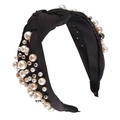 Handmade black velvet knot headband with white and champagne faux pearls and silver beads - Black #