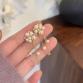Elegantes pendientes dorados de perlas con borlas y detalles de circón en vista de cerca - Dorado-Blanco (Poste de pendiente de plata)