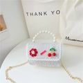 Kids tweed crossbody bag with pearl handle and cherry charms in white and light blue - Style 1 White