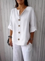 Completo bianco da donna in cotone e lino con scollo a V, bottoni in legno e pantaloni - Bianco A 4 Pulsanti 8033# / 3XL