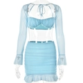 Detail of light blue glitter mesh two-piece set featuring corset top and ruffled mini skirt - S / Blue