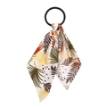 Floral print hair scrunchie with tropical leaf pattern scarf in brown and yellow tones - Beige Tropical Leaves