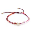 Detail of adjustable red cord bracelet with freshwater pearl and colorful glass beads - Red and Pink Tone-BLS230040D