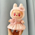 Pink plush Labubu doll wearing a floral hoodie and pleated skirt outfit accessory - Pink Tulip Skirt / First And Second Generation Keychains Are Compatible With La Cloth Dolls. Dolls Not Included.