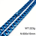 Blue 15mm cuban link chain for men in stainless steel, 600mm length and 223g weight - Blue (KN282336-KJX)