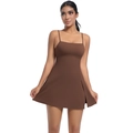 Detail of dark brown athletic dress with thin straps and side slit design - Chestnut Brown