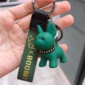 Cute green French Bulldog keychain with decorative gold-stamped leather strap accessory - B58 French Bulldog / Resin / Dark Green