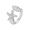 Detail of silver starfish and seashell open ring with polished metal textures - Style D / Ring / White Gold
